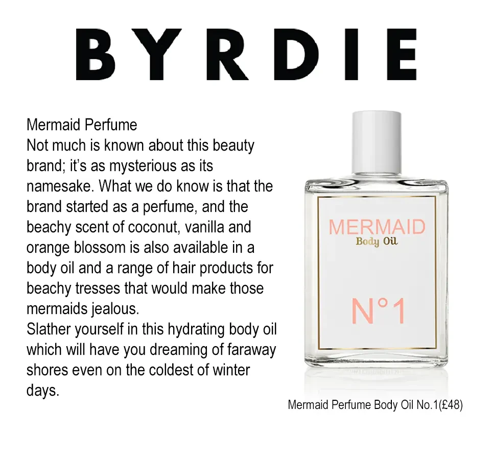 Mermaid Body Oil No.1 featured in a 2017 beauty editorial for Byrdie Magazine.